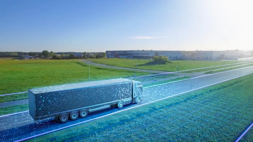 Advanced High-Tech Concept: Big Semi Truck with Cargo Trailer Drives on the Road is Transformed with Graphics Special Effects Into Digitalized Version of Futuristic Autonomous Truck.